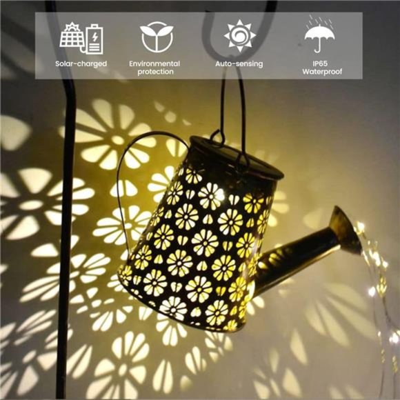 Outdoor Solar Watering Can w/ Lights Garden Decor Solar Powered Waterproof LED - Picture 5 of 6